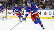 Apr 17, 2025; New York, New York, USA;  New York Rangers center Matt Rempe (73) controls the puck in the second period against the Tampa Bay Lightning at Madison Square Garden. Mandatory Credit: Wendell Cruz-Imagn Images