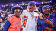 Actor Spike Lee, hip hop artists Fat Joe and N.O.R.E watch the 2025 NBA Playoffs between Boston Celtics and New York Knicks 