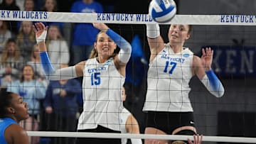 Kentucky’s Lizzie Carr and Brooklyn DeLeye scores against UCLA in the 2nd round of the NCAA Tournament at Historic Memorial Coliseum.
Dec 5, 2025