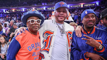 Actor Spike Lee, hip hop artists Fat Joe and N.O.R.E watch the 2025 NBA Playoffs between Boston Celtics and New York Knicks 