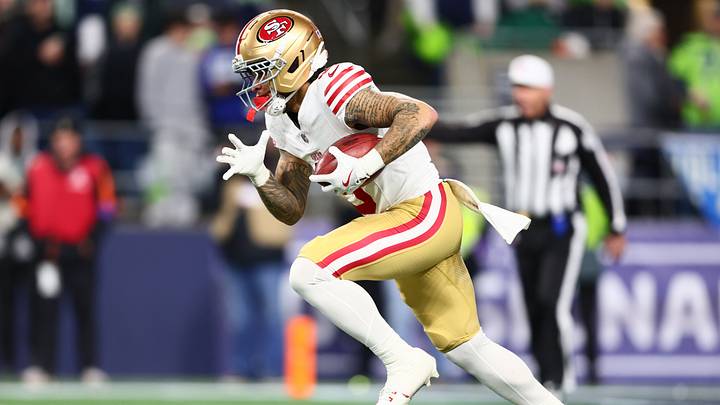 Jan 17, 2026; Seattle, WA, USA; San Francisco 49ers wide receiver Skyy Moore (9) returns a kickoff against the Seattle Seahawks during the second half in an NFC Divisional Round game at Lumen Field. Mandatory Credit: Kevin Ng-Imagn Images