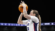 Mar 9, 2025; Kansas City, MO, USA; TCU Horned Frogs guard Madison Conner (2) shoots the ball against the Baylor Lady Bears during the first half at T-Mobile Center. Mandatory Credit: Amy Kontras-Imagn Images