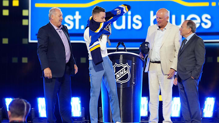 Jun 28, 2024; Las Vegas, Nevada, USA; Adam Jiricek is selected by the St. Louis Blues with the 16th overall pick in the first round of the 2024 NHL Draft at The Sphere. Mandatory Credit: Stephen R. Sylvanie-Imagn Images