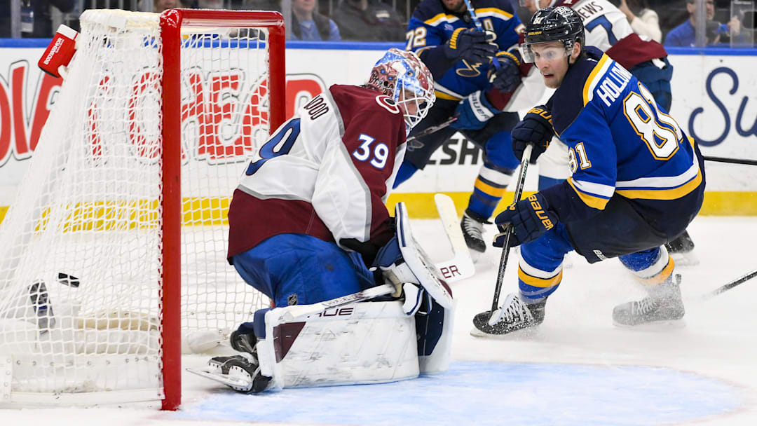 Feb 23, 2025; St. Louis, Missouri, USA;  St. Louis Blues center Dylan Holloway (81) shoots and scores against Colorado Avalanche goaltender Mackenzie Blackwood (39) during the second period at Enterprise Center. Mandatory Credit: Jeff Curry-Imagn Images