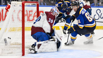 Feb 23, 2025; St. Louis, Missouri, USA;  St. Louis Blues center Dylan Holloway (81) shoots and scores against Colorado Avalanche goaltender Mackenzie Blackwood (39) during the second period at Enterprise Center. Mandatory Credit: Jeff Curry-Imagn Images