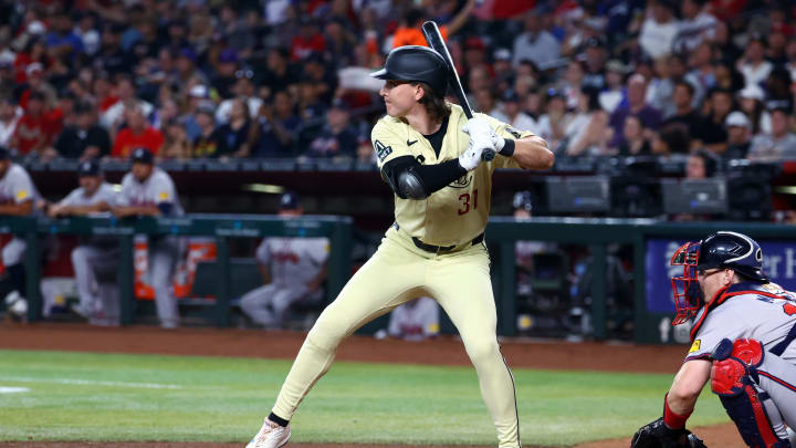 Jul 9, 2024; Phoenix, Arizona, USA; Arizona Diamondbacks outfielder Jake McCarthy against the Atlanta Braves at Chase Field.