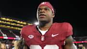 Sep 13, 2025; Stanford, California, USA; Stanford Cardinal running back Micah Ford (20) after the game against the Boston College Eagles at Stanford Stadium. Mandatory Credit: Darren Yamashita-Imagn Images