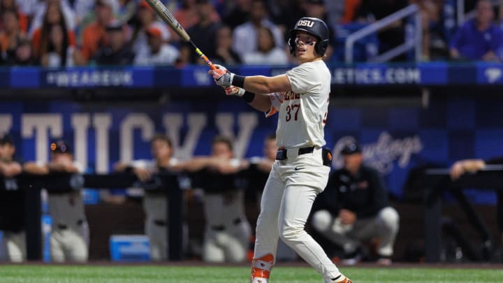 Jun 9, 2024; Lexington, KY, USA; Oregon State Beavers infielder Travis Bazzana (37) hits a foul ball during the first inning against the Kentucky Wildcats at Kentucky Proud Park. Mandatory Credit: Jordan Prather-USA TODAY Sports