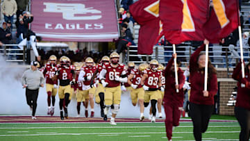 Nov 15, 2025; Chestnut Hill, Massachusetts, USA; The Boston College Eagles take the field prior to a game against Georgia Tech Yellow Jackets at Alumni Stadium. Mandatory Credit: Bob DeChiara-Imagn Images