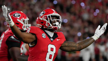 Georgia Bulldogs wide receiver Colbie Young (8) celebrates after scoring a touchdown during the first half of a NCAA college football game against Alabama in Athens, Ga., on Saturday, September 27, 2025.