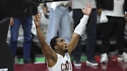 Apr 23, 2025; Cleveland, Ohio, USA; Cleveland Cavaliers guard Donovan Mitchell (45) reacts in the fourth quarter of game two of the first round of the 2025 NBA Playoffs against the Miami Heat at Rocket Arena. Mandatory Credit: David Richard-Imagn Images