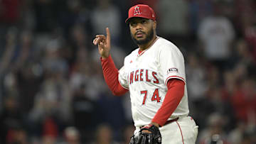 Jun 9, 2025; Anaheim, California, USA;   Los Angeles Angels relief pitcher Kenley Jansen (74) reacts aftet his 15th save of the season in the ninth inning against the Athletics at Angel Stadium. Mandatory Credit: Jayne Kamin-Oncea-Imagn Images