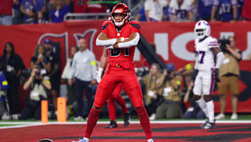 Nov 20, 2025; Houston, Texas, USA; Houston Texans wide receiver Jayden Higgins (81) reacts to his touchdown against the Buffalo Bills in the second half at NRG Stadium. Mandatory Credit: Thomas Shea-Imagn Images