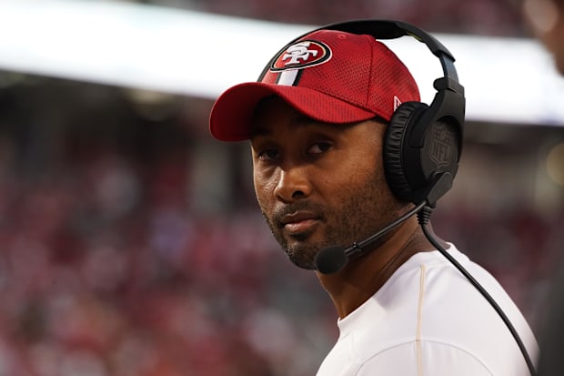 Sep 9, 2024; Santa Clara, California, USA; San Francisco 49ers defensive quality control coach K.J. Wright watches the action