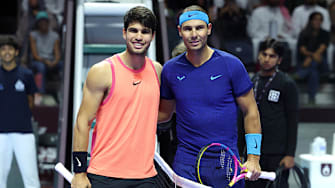Carlos Alcaraz and Rafael Nadal pose before a match at the SIx Kings Slam.