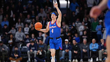 Jan 4, 2025; Villanova, Pennsylvania, USA; DePaul Blue Demons guard Conor Enright (4) controls the ball against the Villanova Wildcats in the first half at William B. Finneran Pavilion. Mandatory Credit: Kyle Ross-Imagn Images