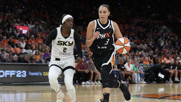 May 21, 2023; Phoenix, Arizona, USA; Phoenix Mercury guard Diana Taurasi (3) moves the ball against Chicago Sky guard Kahleah Copper (2) in the first half at Footprint Center. Mandatory Credit: Rick Scuteri-Imagn Images May 21, 2023; Phoenix, Arizona, USA; Phoenix Mercury guard Diana Taurasi (3) moves the ball against Chicago Sky guard Kahleah Copper (2) in the first half at Footprint Center. Mandatory Credit: Rick Scuteri-Imagn Images