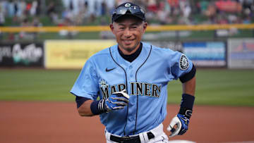 Seattle Mariners special assistant coach Ichiro Suzuki looks on before a spring training game against the Chicago White Sox on March 25, 2022, at Peoria Sports Complex.