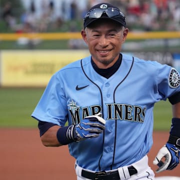 Seattle Mariners special assistant coach Ichiro Suzuki looks on before a spring training game against the Chicago White Sox on March 25, 2022, at Peoria Sports Complex.