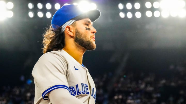 Jun 29, 2024; Toronto, Ontario, CAN; Toronto Blue Jays shortstop Bo Bichette (11) returns to the dugout before playing the New York Yankees at Rogers Centre