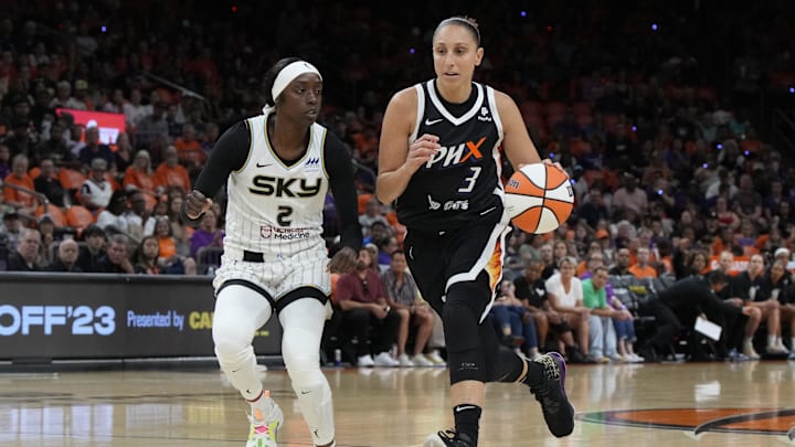 May 21, 2023; Phoenix, Arizona, USA; Phoenix Mercury guard Diana Taurasi (3) moves the ball against Chicago Sky guard Kahleah Copper (2) in the first half at Footprint Center. Mandatory Credit: Rick Scuteri-Imagn Images