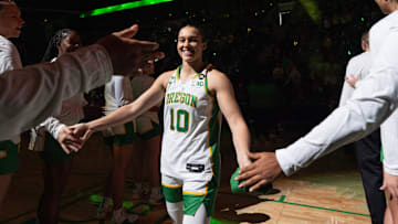 Oregon’s Peyton Scott is introduced before the game against Iowa at Matthew Knight Arena on Sunday, Jan. 19, 2025.