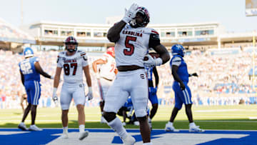 South Carolina Gamecocks senior running back Rocket Sanders celebrating a touchdown in the blowout over the Kentucky Wildcats