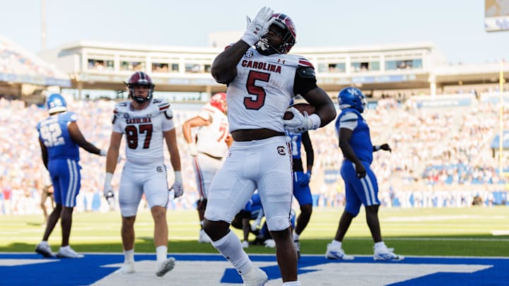 South Carolina Gamecocks senior running back Rocket Sanders celebrating a touchdown in the blowout over the Kentucky Wildcats