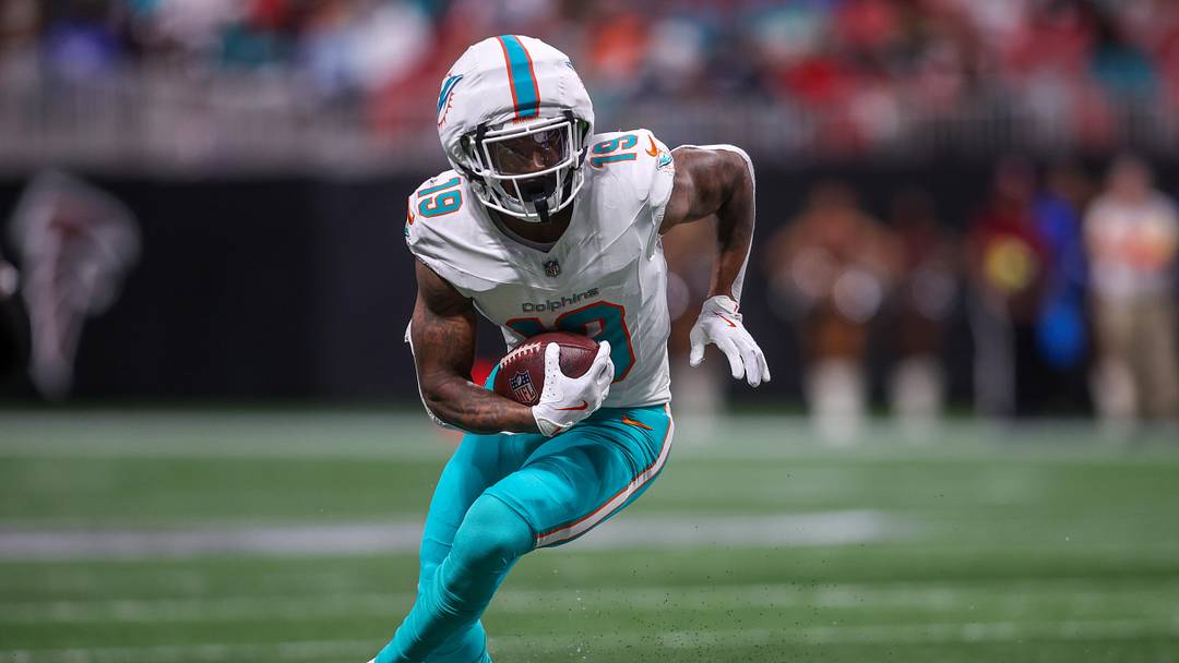 Oct 26, 2025; Atlanta, Georgia, USA; Miami Dolphins wide receiver Cedrick Wilson Jr. (19) runs after a catch against the Atlanta Falcons in the second quarter at Mercedes-Benz Stadium. Mandatory Credit: Brett Davis-Imagn Images