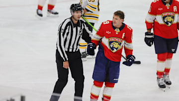 Oct 8, 2024; Sunrise, Florida, USA;  Florida Panthers left wing Matthew Tkachuk (19) reacts toward the penalty box against the Boston Bruins during the third period at Amerant Bank Arena. Mandatory Credit: Sam Navarro-Imagn Images