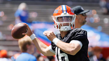 Apr 12, 2025; Gainesville, FL, USA; Florida Gators quarterback Aidan Warner (16) throws the ball before the game at Ben Hill Griffin Stadium. Mandatory Credit: Matt Pendleton-Imagn Images