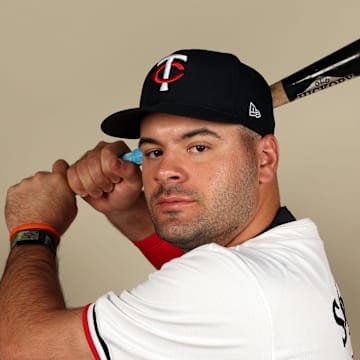 Feb 22, 2024; Lee County, FL, USA;  Minnesota Twins infielder Aaron Sabato (96) poses for a photo during photo day at Hammond Stadium.