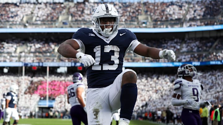 Penn State Nittany Lions running back Kaytron Allen (13) celebrates after scoring a touchdown during the second quarter against the Northwestern Wildcats at Beaver Stadium.