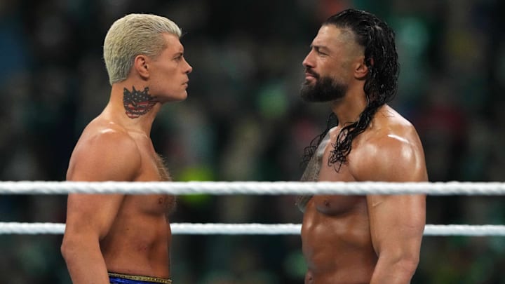 Apr 7, 2024; Philadelphia, PA, USA; 	WWE Universal Championship match between Roman Reigns and Cody Rhodes during Wrestlemania XL Sunday at Lincoln Financial Field. Mandatory Credit: Joe Camporeale-Imagn Images