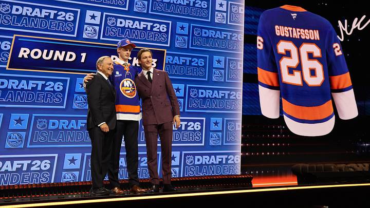 Jun 26, 2026; Buffalo, New York, USA; Malte Gustafsson reacts beside NHL commissioner Gary Bettman and New York Islanders player Matthew Schaefer after being selected with the thirteenth pick in the first round of the 2026 NHL Draft by the Islanders at KeyBank Center. Mandatory Credit: Timothy T. Ludwig-Imagn Images Jun 26, 2026; Buffalo, New York, USA; Malte Gustafsson reacts beside NHL commissioner Gary Bettman and New York Islanders player Matthew Schaefer after being selected with the thirteenth pick in the first round of the 2026 NHL Draft by the Islanders at KeyBank Center. Mandatory Credit: Timothy T. Ludwig-Imagn Images