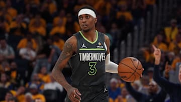 May 10, 2025; San Francisco, California, USA; Minnesota Timberwolves forward Jaden McDaniels (3) dribbles upcourt against the Golden State Warriors in the third quarter during game three in the second round for the 2025 NBA Playoffs at Chase Center. Mandatory Credit: David Gonzales-Imagn Images