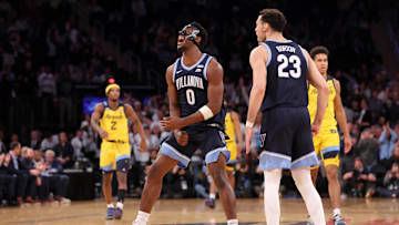 Mar 14, 2024; New York City, NY, USA; Villanova Wildcats guard TJ Bamba (0) reacts during the second