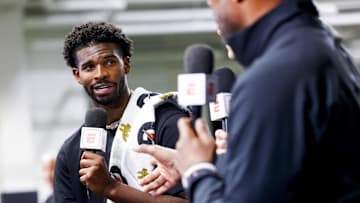 Colorado Buffaloes quarterback Shedeur Sanders talks to ESPN after the University of Colorado NFL Showcase