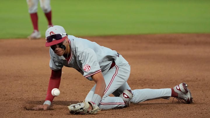 May 21, 2025; Hoover, AL, USA; A hard-hit ball evades Oklahoma third baseman Dawson Willis (5) during the game with Georgia in the second round of the SEC Baseball Tournament at the Hoover Met.
