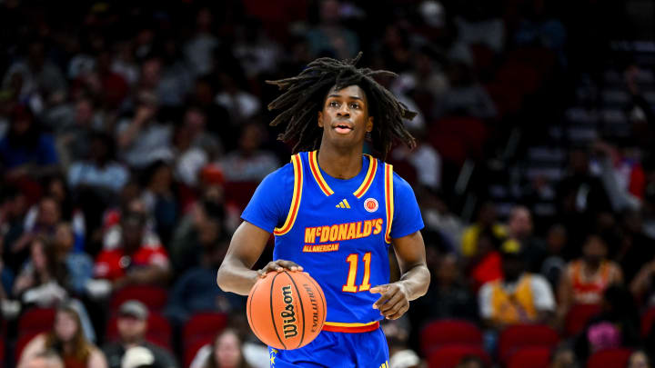 Apr 2, 2024; Houston, TX, USA; McDonald's All American East forward Ian Jackson (11) dribbles the ball during the first half against the McDonald's All American West at Toyota Center. Mandatory Credit: Maria Lysaker-USA TODAY Sports