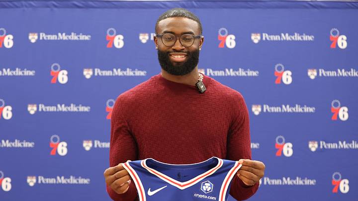 Aug 6, 2026; Camden, NJ, USA; Philadelphia 76ers guard Jaylen Brown poses for a photo during his introductory press conference at the  Francis J. Myers Recreation Center. Mandatory Credit: Bill Streicher-Imagn Images