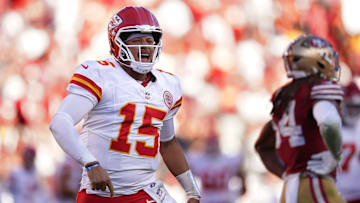 Oct 20, 2024; Santa Clara, California, USA; Kansas City Chiefs quarterback Patrick Mahomes (15) reacts after the Chiefs scored a touchdown against the San Francisco 49ers in the fourth quarter at Levi's Stadium. Mandatory Credit: Cary Edmondson-Imagn Images