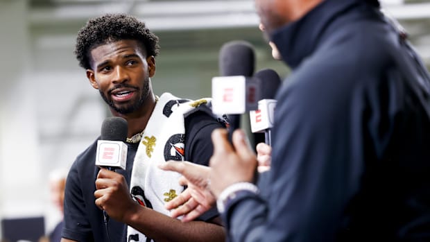 Colorado Buffaloes quarterback Shedeur Sanders (2) talks to ESPN after the University of Colorado NFL Showcase at the CU Indo