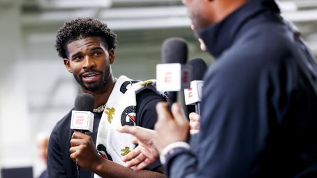 Apr 4, 2025; Boulder, CO, USA; Colorado Buffaloes quarterback Shedeur Sanders (2) talks to ESPN after the University of Color