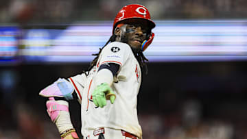 Jun 23, 2025; Cincinnati, Ohio, USA; Cincinnati Reds shortstop Elly De La Cruz (44) reacts after hitting a solo home run in the eighth inning against the New York Yankees at Great American Ball Park. Mandatory Credit: Katie Stratman-Imagn Images