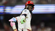 Cincinnati Reds shortstop Elly De La Cruz reacts after hitting a solo home run in the eighth inning against the New York Yankees at Great American Ball Park. 
