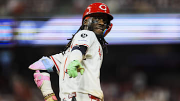Cincinnati Reds shortstop Elly De La Cruz reacts after hitting a solo home run in the eighth inning against the New York Yankees at Great American Ball Park. 