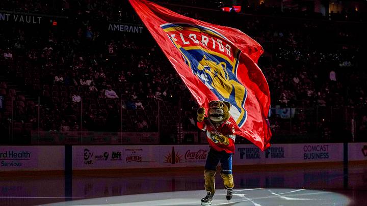 Dec 29, 2025; Sunrise, Florida, USA; Florida Panthers mascot Stanley C. Panther excites the crowd before the game against the Washington Capitals at Amerant Bank Arena. Mandatory Credit: Jeff Romance-Imagn Images