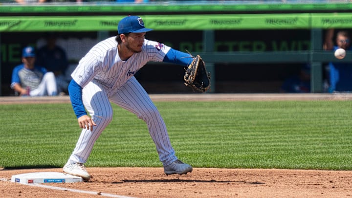 Iowa Cubs first baseman Jonathon Long catches a ball during game two of an Iowa Cubs/Worcester Red Sox series at Principal Park on Aug. 13, 2025, in Des Moines.