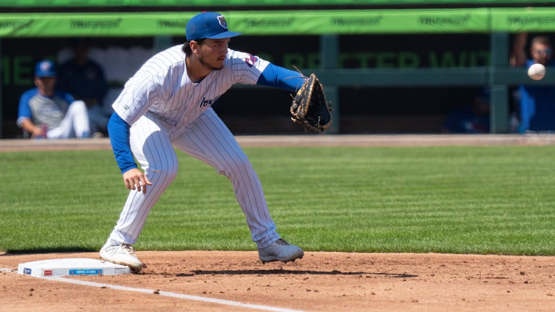 Iowa Cubs first baseman Jonathon Long catches a ball during game two of an Iowa Cubs/Worcester Red Sox series at Principal Park on Aug. 13, 2025, in Des Moines.